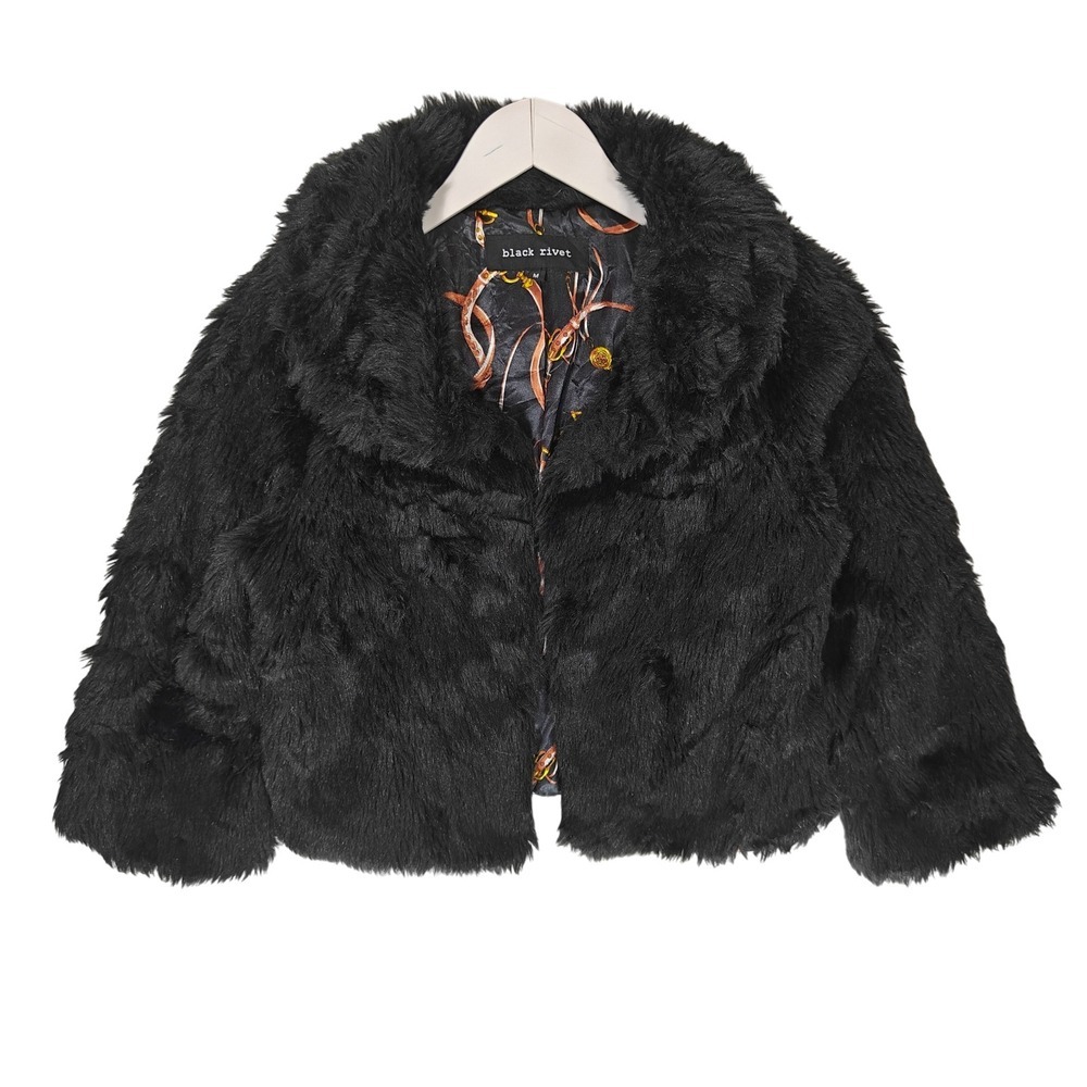 Black Rivet Womens Faux Fur Cropped Jacket Black Size M Equestrian Print Lining